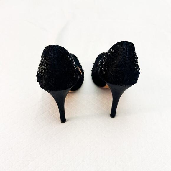 Badgley Mischka Black Satin Round Toe Beaded Pump Heel Size 6.5 - Picture 2 of 7
